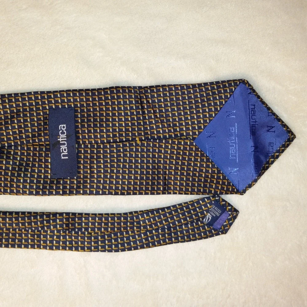 Nautical Navy Blue Yellow White Classic Tiny geometric pattern Tie 100% Silk